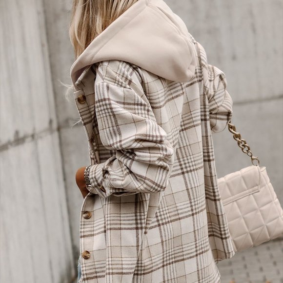 Khaki Plaid Removable Hood Buttoned Shacket/Hooded Top NWOT - Picture 2 of 15